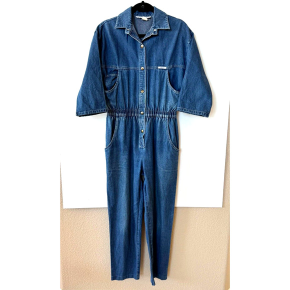 VTG 80s Jumpsuit Womens Blue Denim Jean Romper Coveralls One Piece Jumpsuit Sz M - Picture 1 of 7